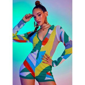 💥RETRO CHIC💥70s Style Collar Knitted Romper in Bright Intarsia